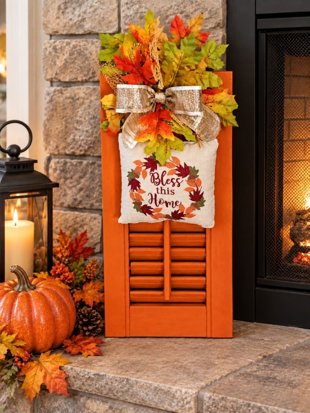 Fall 'Bless This Home' Decor Orange Wood Shutt with Pillow Fall Leaves Bow Decor